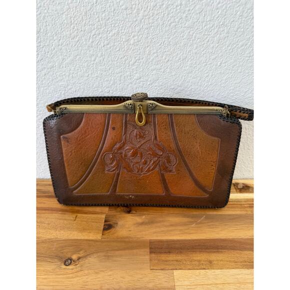 Antique Vintage Hand Tooled Brown Leather Purse Suede Lining Hand Strap